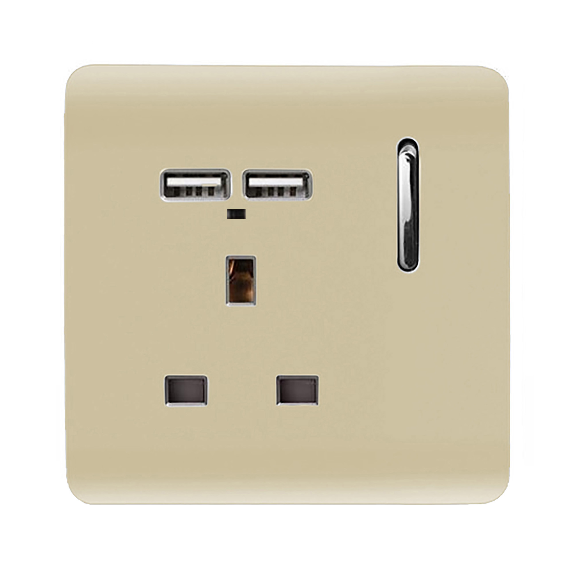 1 Gang Switched Single Socket 13A With 2 x USB-A 10W (Shared) With Neon Insert Champagne Gold